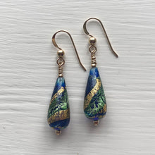 Earrings with dark blue (cobalt), teal, gold Murano glass short pear drops on silver or gold