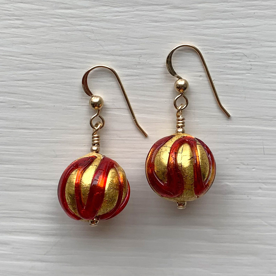 Earrings with red appliqué over gold Murano glass small sphere drops on silver or gold