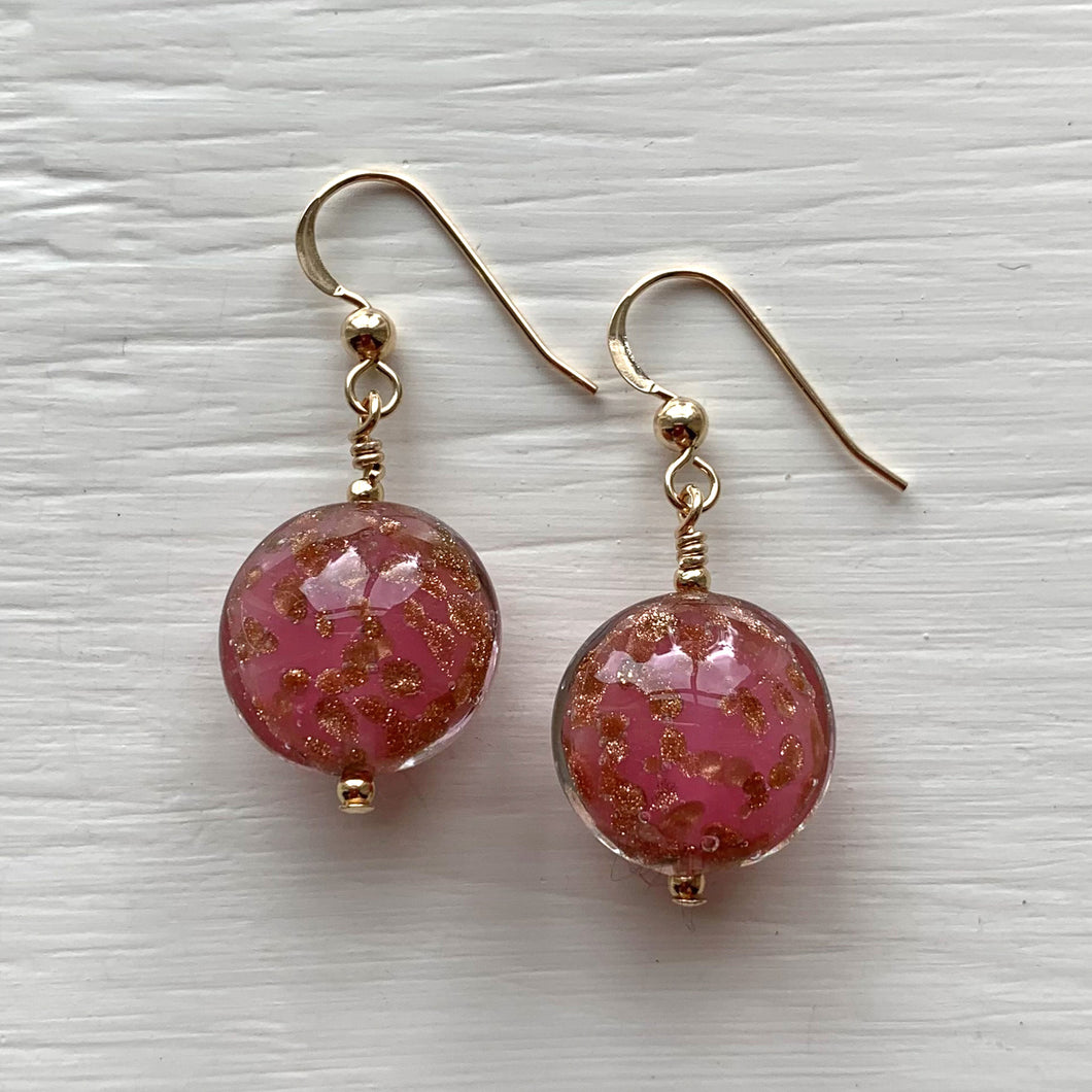 Earrings with pink pastel and aventurine dust Murano glass small lentil drops on silver or gold