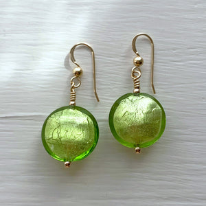 Earrings with light green (lime, peridot) Murano glass medium lentil drops on silver or gold