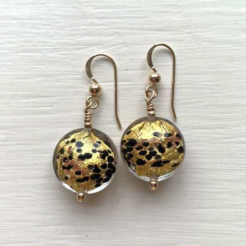 Earrings with black pastel dust aventurine dust gold Murano glass small lentil drops