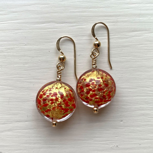 Earrings with red pastel dust aventurine dust gold Murano glass small lentil drops