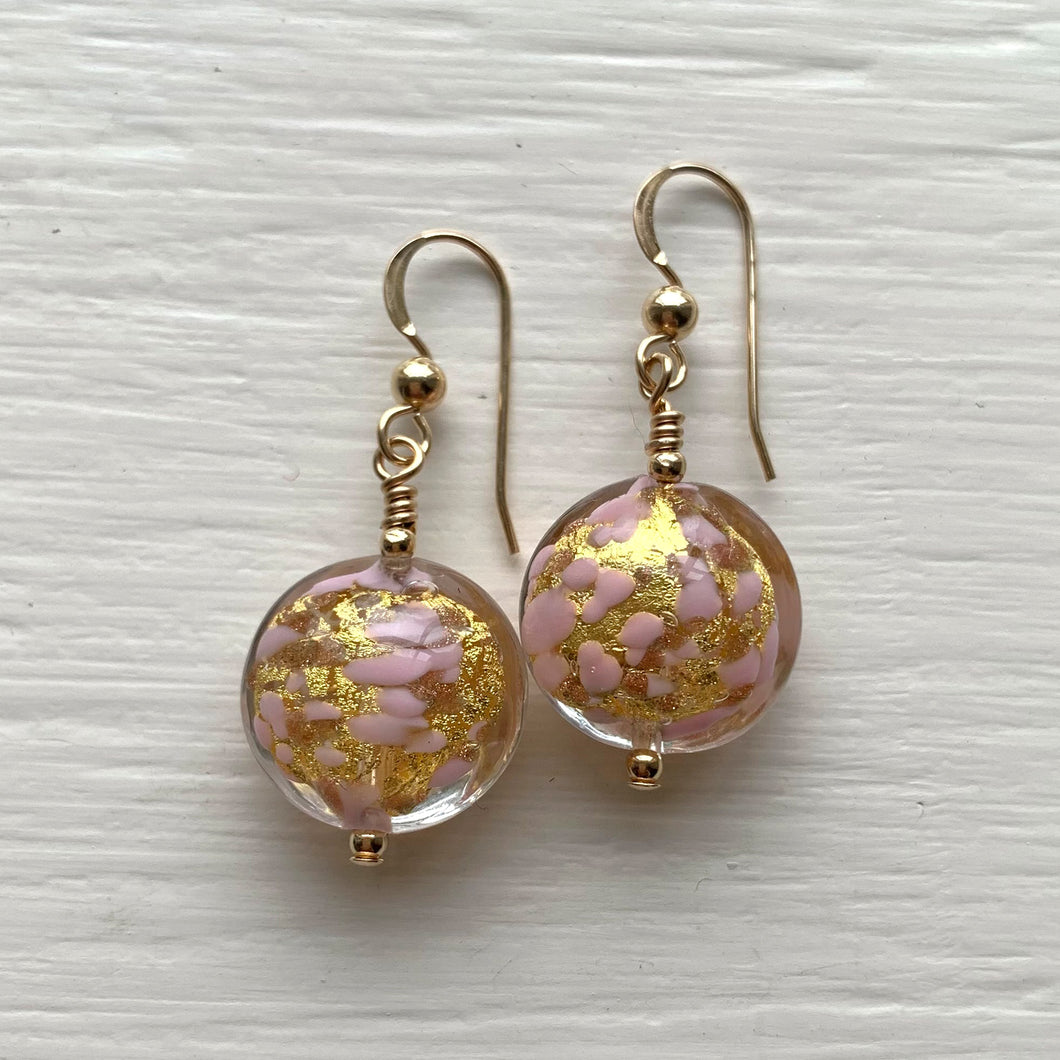 Earrings with pink pastel dust aventurine dust gold Murano glass small lentil drops