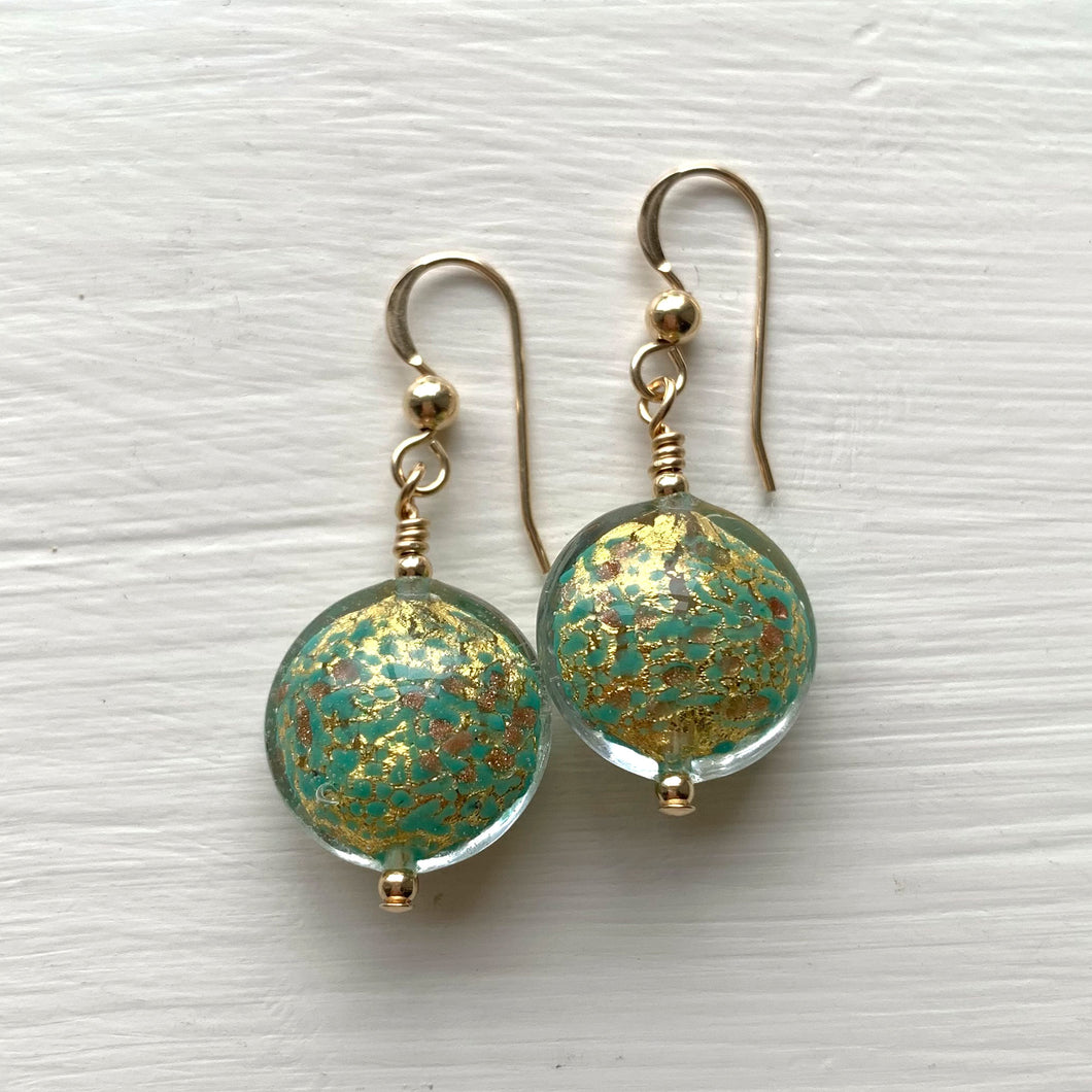 Earrings with green pastel dust aventurine dust gold Murano glass small lentil drops