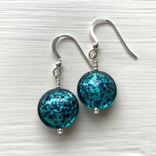 Earrings with teal (green, jade) and dark blue pastel dust Murano glass small lentil drops