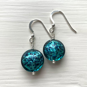Earrings with teal (green, jade) and dark blue pastel dust Murano glass small lentil drops