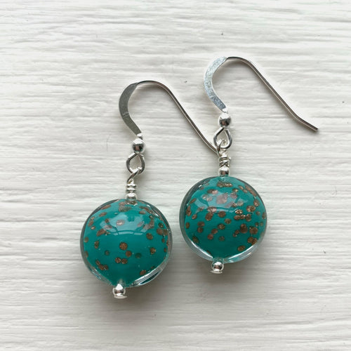 Earrings with teal (green, jade) pastel aventurine dust  Murano glass small lentil drops