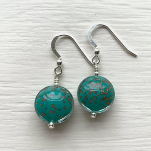 Earrings with teal (green, jade) pastel aventurine dust  Murano glass small lentil drops