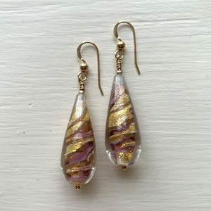 Earrings with purple pastel and aventurine swirl over gold Murano glass long pear drops