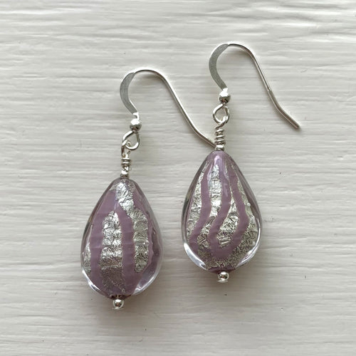 Earrings with purple pastel drizzle and white gold Murano glass medium pear drops