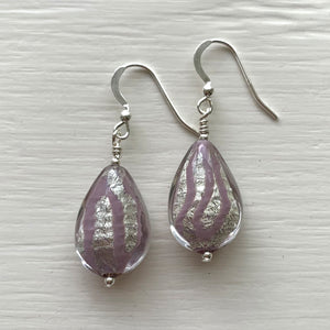 Earrings with purple pastel drizzle and white gold Murano glass medium pear drops