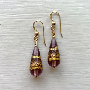 Earrings with amethyst (purple) and gold Murano glass short pear drops on silver or gold