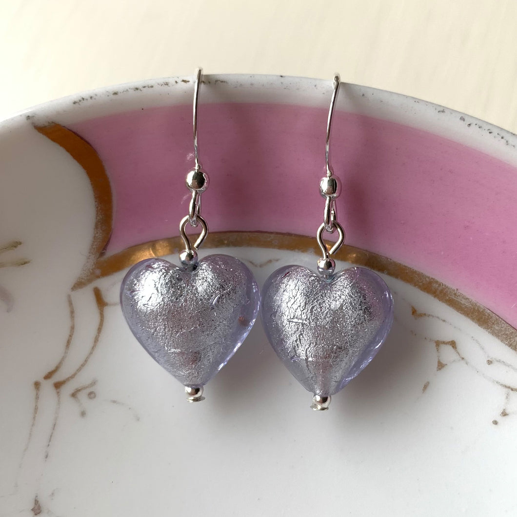 Earrings with lilac (purple) Murano glass small heart drops on silver or gold hooks
