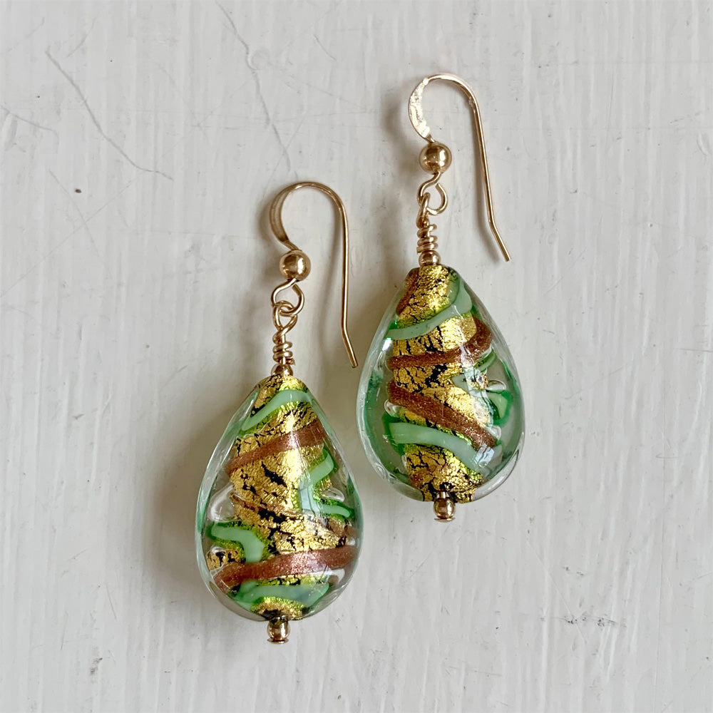 Earrings with green pastel graffiti, aventurine and gold Murano glass medium pear drops