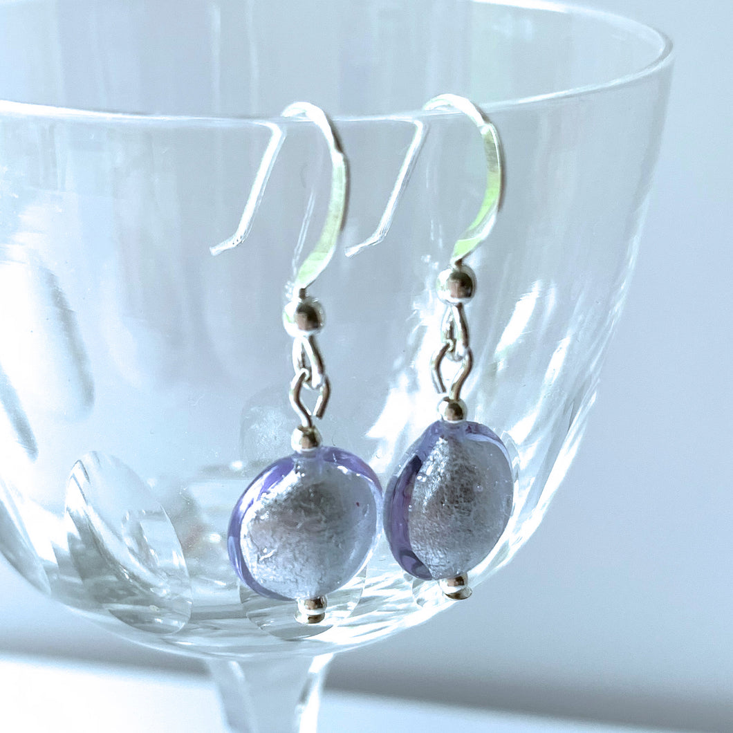 Earrings with lilac (purple) Murano glass mini lentil drops on silver or gold hooks