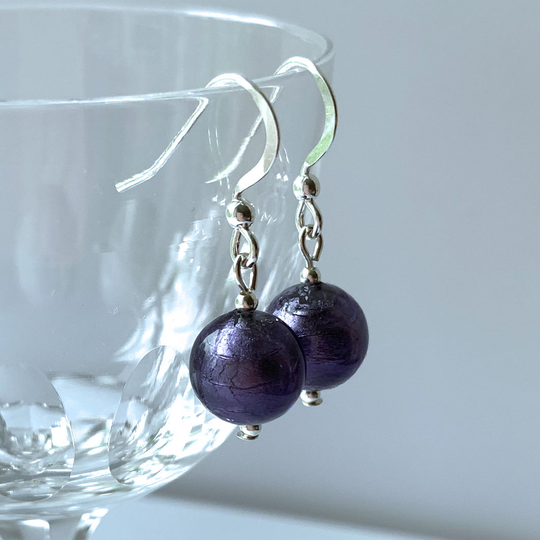 Earrings with purple velvet Murano glass mini sphere drops on silver or gold hooks