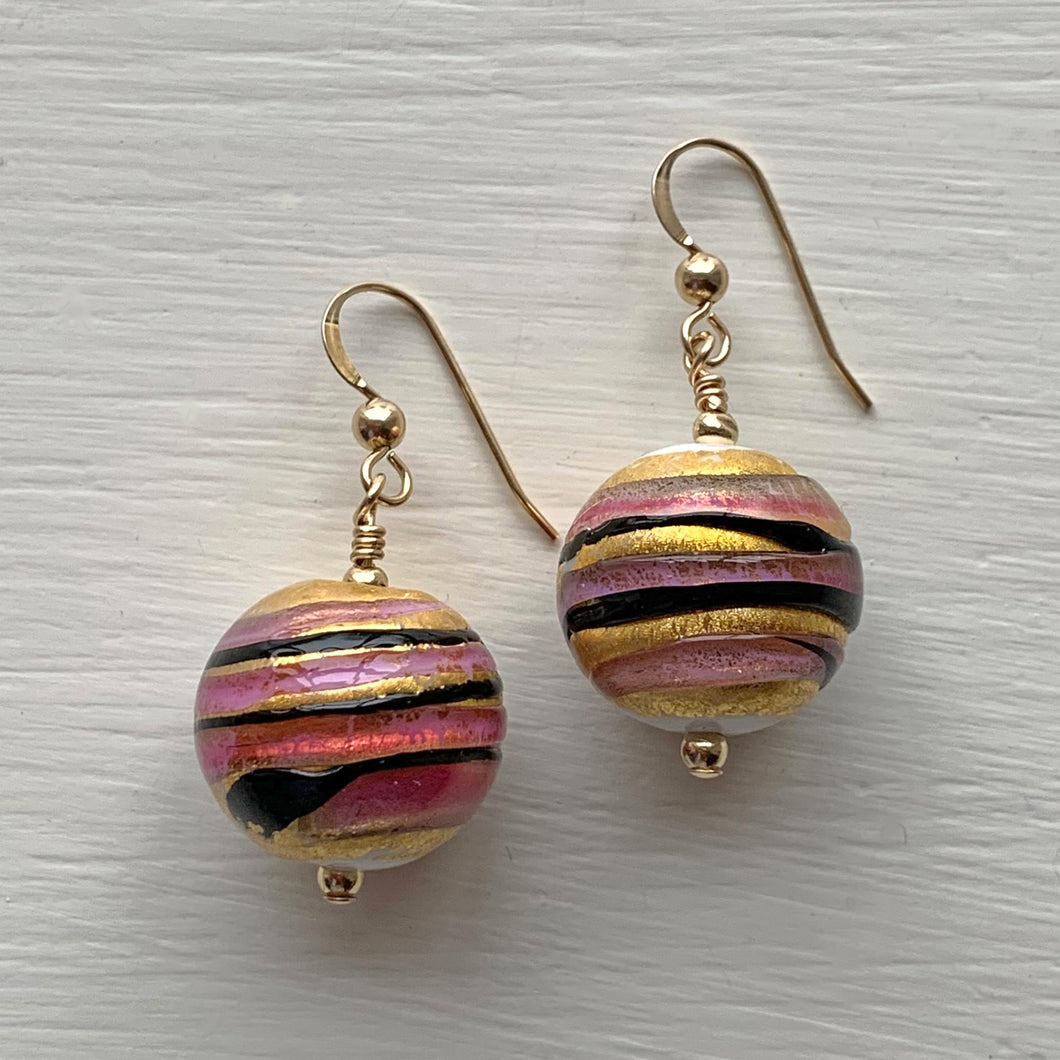 Earrings with pink black appliqué gold white pastel Murano glass small sphere drops
