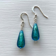 Earrings with sea green (jade, teal) Murano glass short pear drops on silver or gold hooks