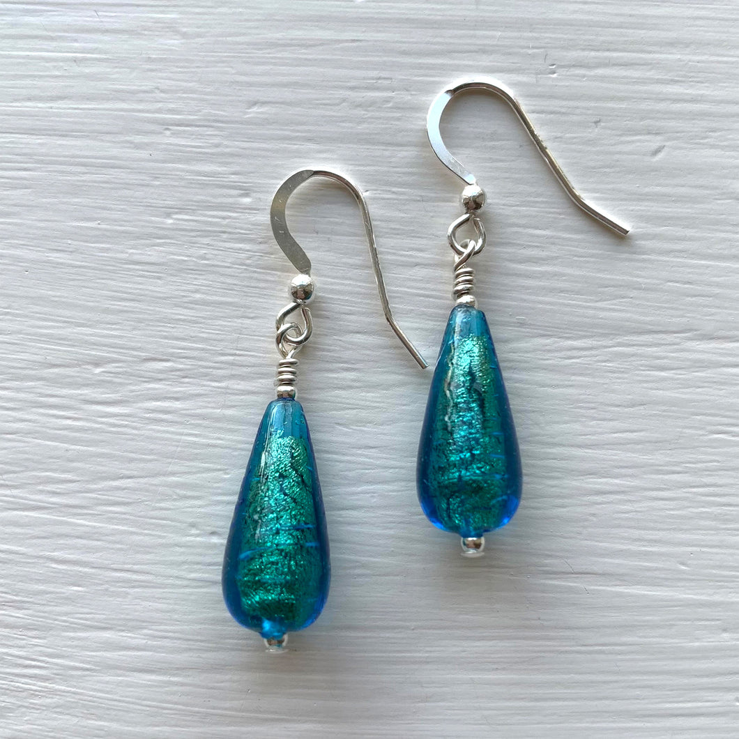 Earrings with sea green (jade, teal) Murano glass short pear drops on silver or gold hooks