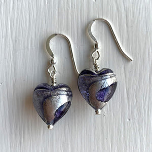 Earrings with purple velvet and violet swirl over white gold Murano glass small heart drops
