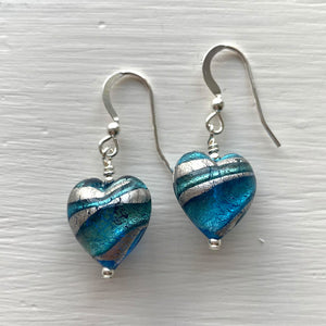 Earrings with turquoise (blue) and teal swirl over white gold Murano glass small heart drops