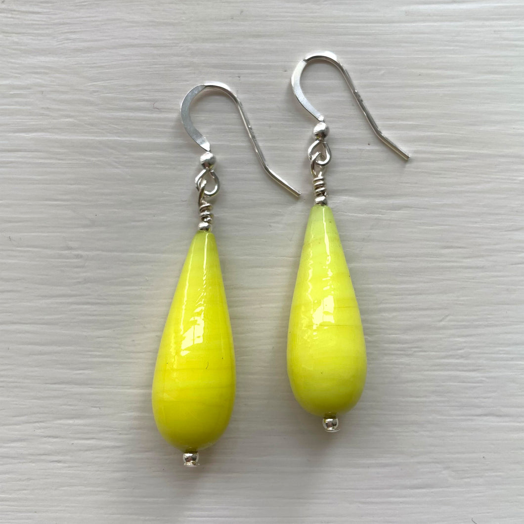 Earrings with yellow pastel Murano glass long pear drops on silver or gold hooks