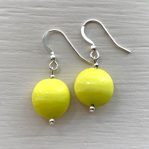 Earrings with yellow pastel Murano glass small lentil drops on silver or gold hooks