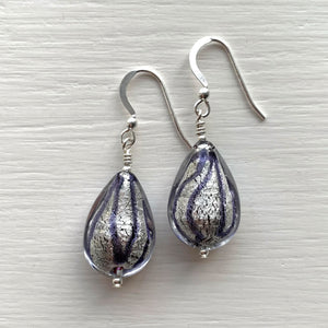 Earrings with lilac (purple) drizzle and white gold Murano glass medium pear drops