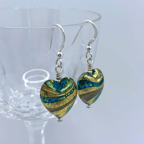Earrings with teal, gold and aventurine Murano glass small heart drops on silver or gold hooks