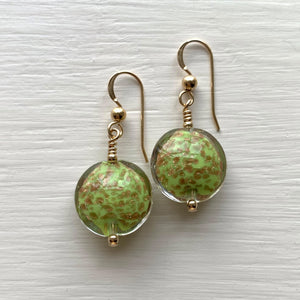 Earrings with green pastel aventurine Murano glass small heart drops on silver or gold hooks