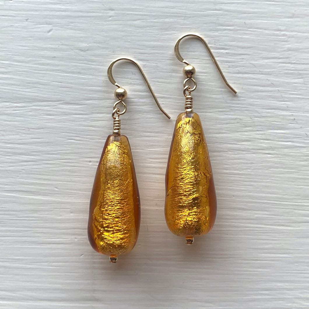 Earrings with gold topaz (amber, brown) Murano glass long pear drops on silver or gold
