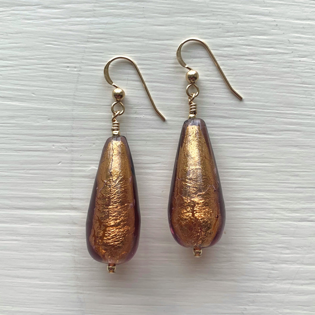 Earrings with golden brown (chocolate) Murano glass long pear drops