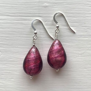 Earrings with red violet (magenta, rose) Murano glass medium pear drops on silver or gold