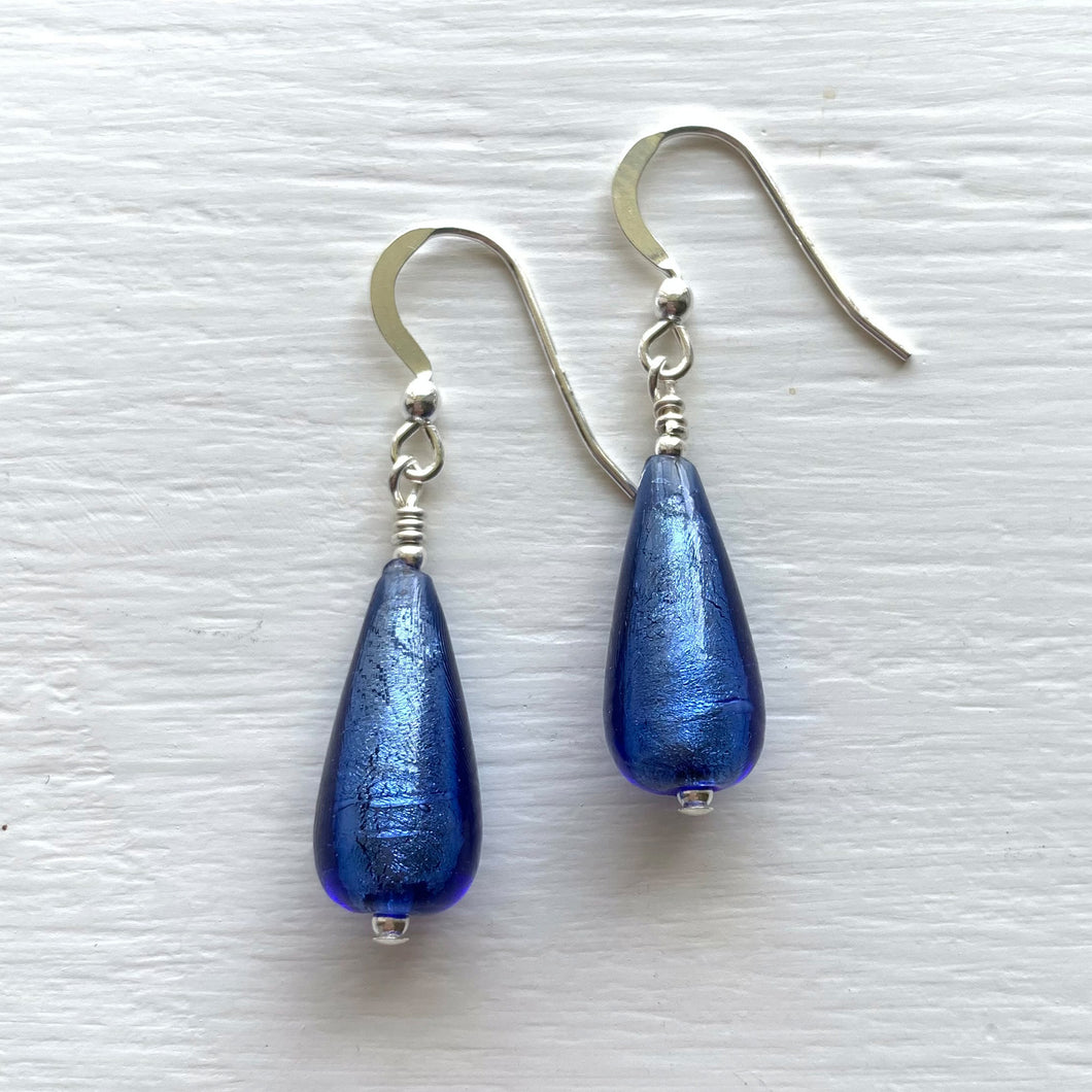 Earrings with cornflower blue Murano glass short pear drops on silver or gold hooks