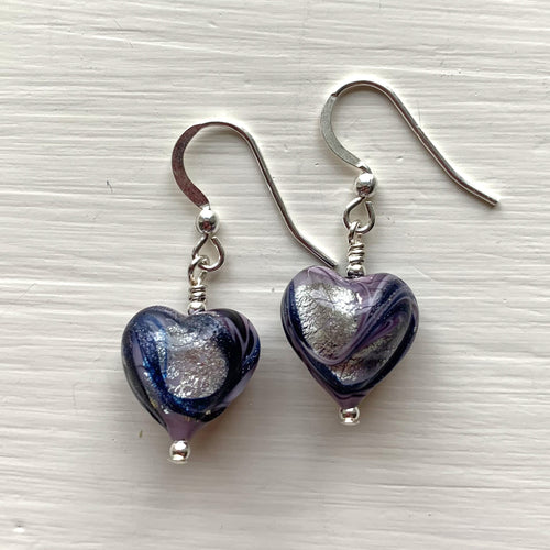 Earrings with byzantine purple and silver Murano glass small heart drops on silver or gold