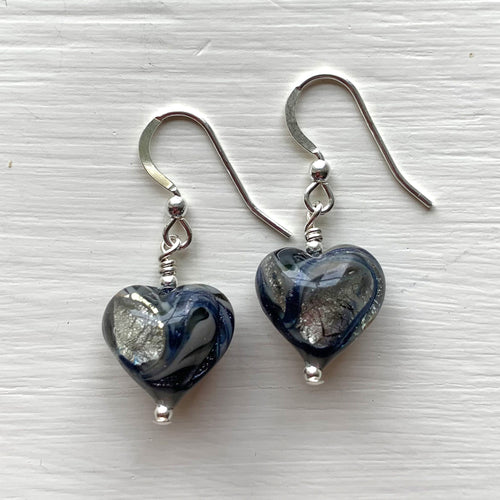 Earrings with byzantine grey and silver Murano glass small heart drops on silver or gold