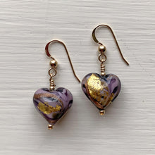 Earrings with byzantine purple and gold Murano glass small heart drops on silver or gold