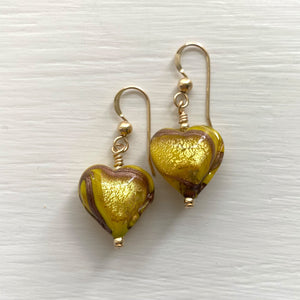 Earrings with byzantine yellow and gold Murano glass small heart drops on silver or gold