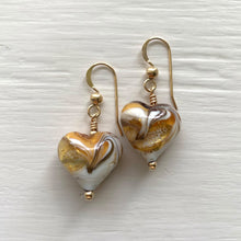 Earrings with byzantine ivory (white), gold Murano glass small heart drops on silver or gold