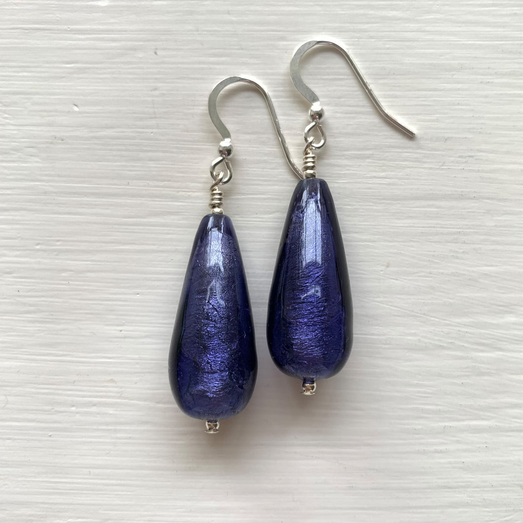 Earrings with purple velvet Murano glass long pear drops on silver or gold hooks