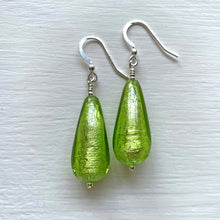Earrings with light green (lime, peridot) Murano glass long pear drops on silver or gold hooks