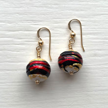 Earrings with red black appliqué gold over white pastel Murano glass small sphere drops
