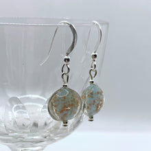 Earrings with light (pale) blue and aventurine Murano glass mini lentil drops on silver or gold