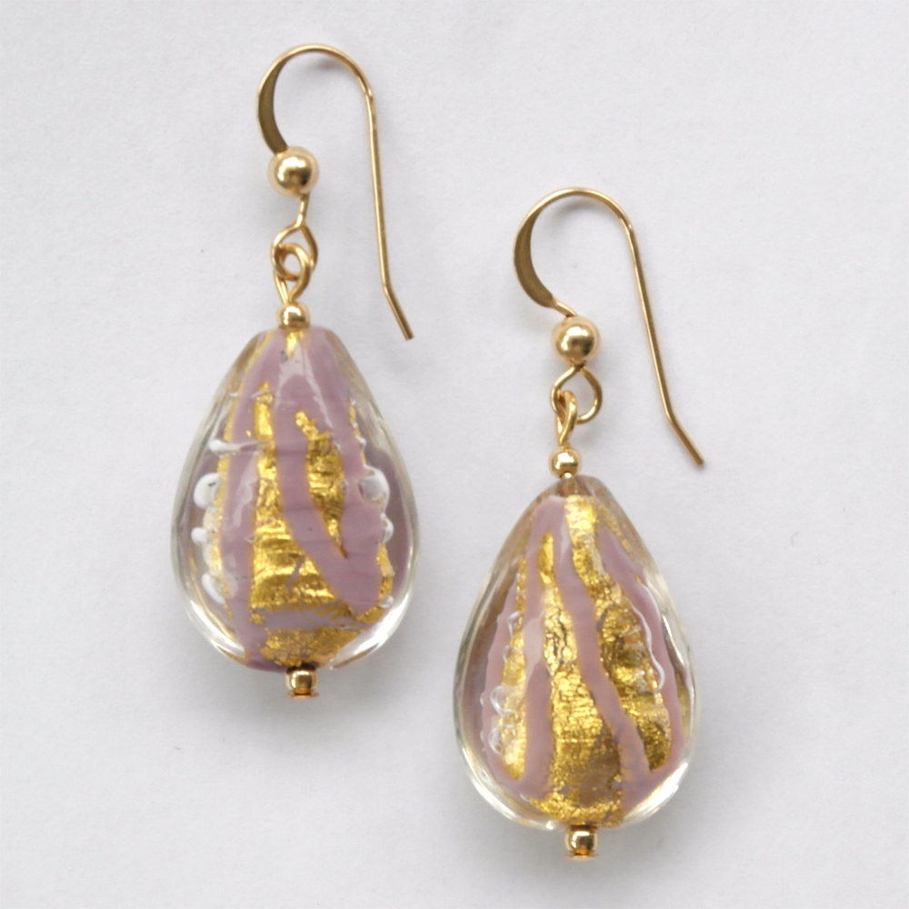 Earrings with purple pastel drizzle and gold Murano glass medium pear drops