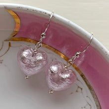 Earrings with light (pale) pink Murano glass small heart drops on silver or gold hooks