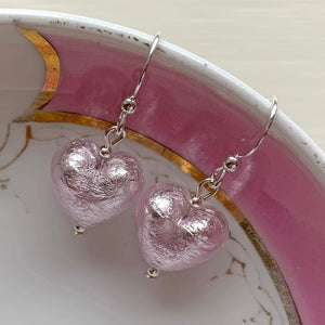 Earrings with light (pale) pink Murano glass small heart drops on silver or gold hooks
