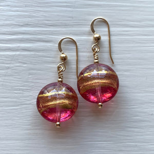 Earrings with rose pink and gold Murano glass small lentil drops on silver or gold hooks