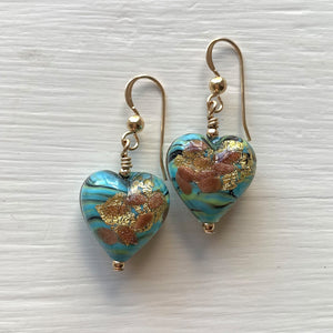 Earrings with turquoise pastel, black, mustard swirl, aventurine, gold Murano glass small heart drops