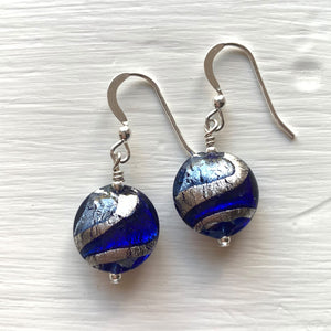 Earrings with dark blue and cornflower swirl over white gold Murano glass small lentil drops