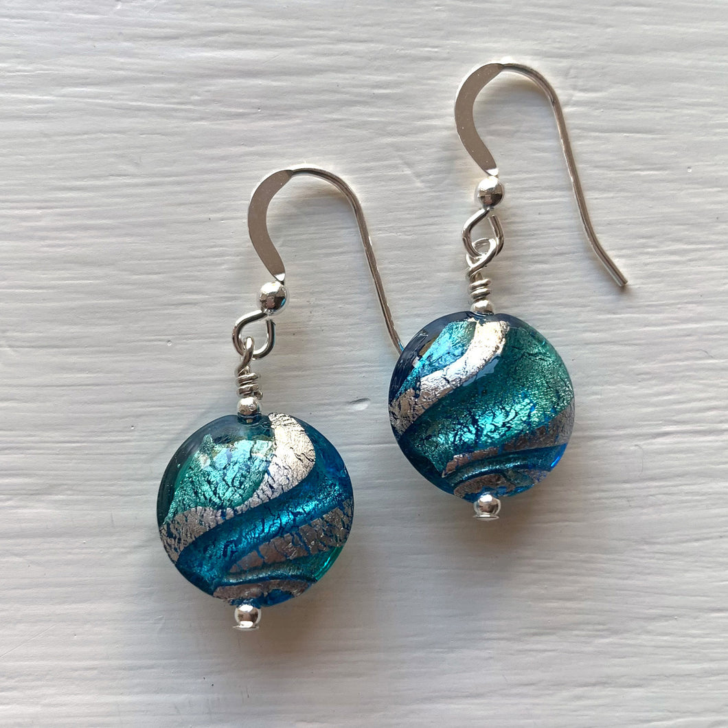 Earrings with turquoise (blue) and teal swirl over white gold Murano glass small lentil drops